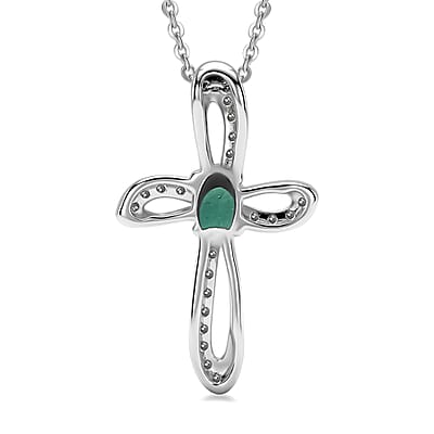 D'Joy Premium Kagem Zambian Emerald and Moissanite 0.35 ctw Cross Pendant Necklace in Rhodium Over Sterling Silver (20 Inches)