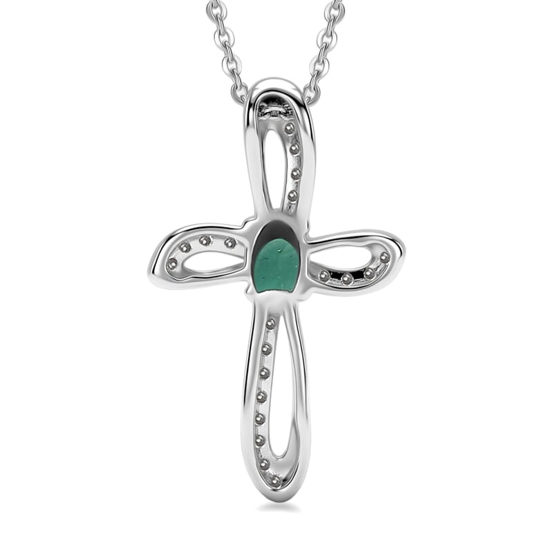 Doorbuster D'Joy Premium Kagem Zambian Emerald and Moissanite 0.35 ctw Cross Pendant Necklace in Rhodium Over Sterling Silver (20 Inches)