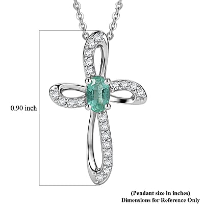D'Joy Premium Kagem Zambian Emerald and Moissanite 0.35 ctw Cross Pendant Necklace in Rhodium Over Sterling Silver (20 Inches)