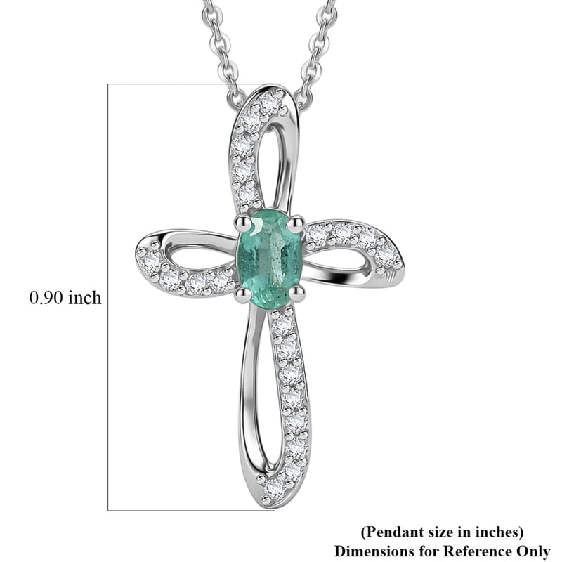 Doorbuster D'Joy Premium Kagem Zambian Emerald and Moissanite 0.35 ctw Cross Pendant Necklace in Rhodium Over Sterling Silver (20 Inches)
