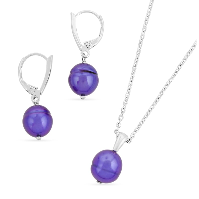 Purple Freshwater Pearl Necklace (18 Inches) and Earrings in Sterling Silver