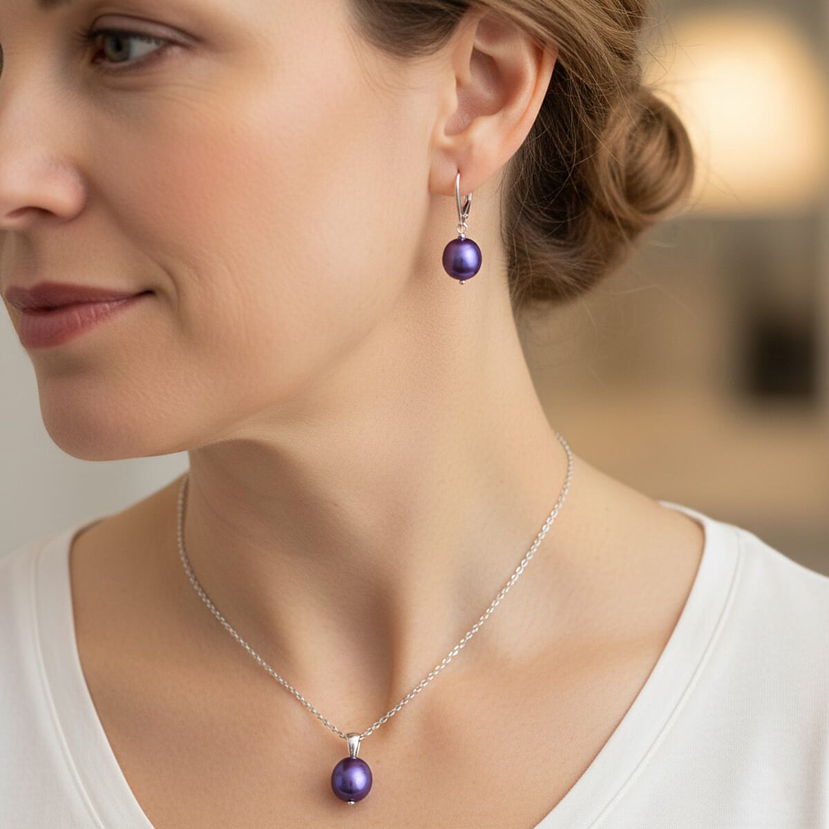 Valentine Special Deal Purple Freshwater Pearl Necklace (18 Inches) and Earrings in Sterling Silver image number 2