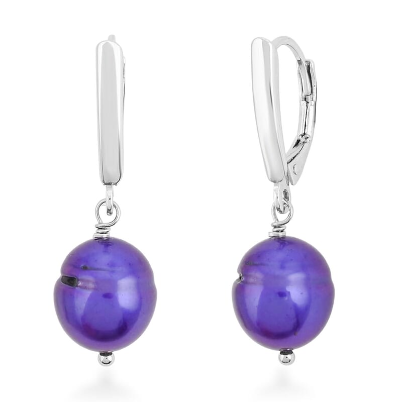 Purple Freshwater Pearl Necklace (18 Inches) and Earrings in Sterling Silver