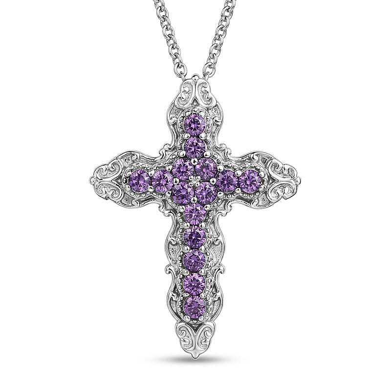 EverTrue Simulated Amethyst Color Diamond Pendant Necklace in Stainless Steel 20 Inches