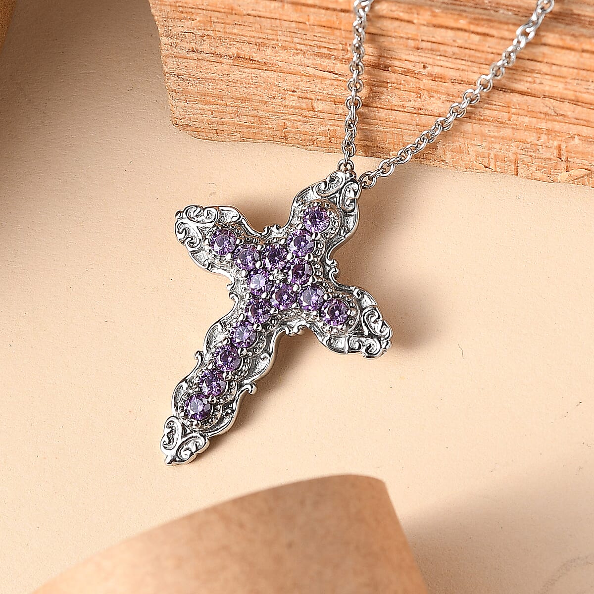 EverTrue Simulated Amethyst Color Diamond Pendant Necklace in Stainless Steel 20 Inches  image number 1