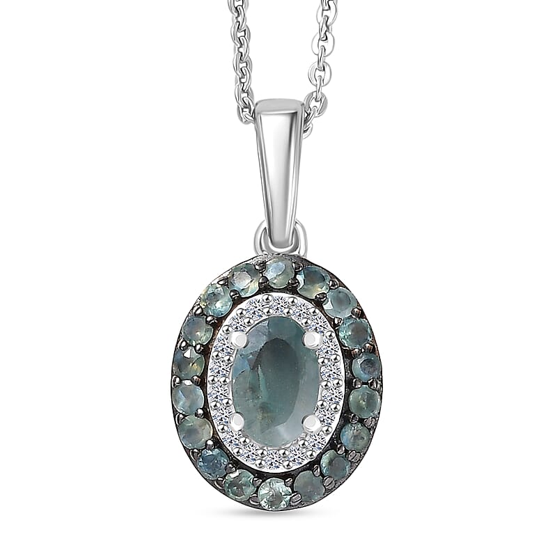 Narsipatnam Alexandrite and Luxuriant Lab Grown Diamond G-H SI 1.00 ctw Regal Shift Halo Pendant Necklace in Rhodium Over Sterling Silver 20 Inches