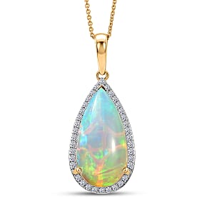 Premium Ethiopian Welo Opal and Luxuriant Lab Grown Diamond G-H SI 7.10 ctw Pendant Necklace in 10K Yellow Gold 20 Inches