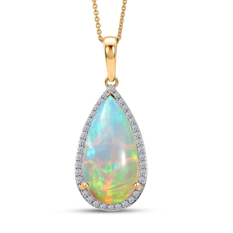 Premium Ethiopian Welo Opal and Luxuriant Lab Grown Diamond G-H SI 7.10 ctw Prism Flame Pendant Necklace in 10K Yellow Gold 20 Inches