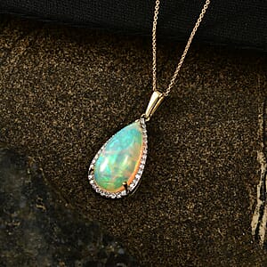 Premium Ethiopian Welo Opal and Luxuriant Lab Grown Diamond G-H SI 7.10 ctw Pendant Necklace in 10K Yellow Gold 20 Inches