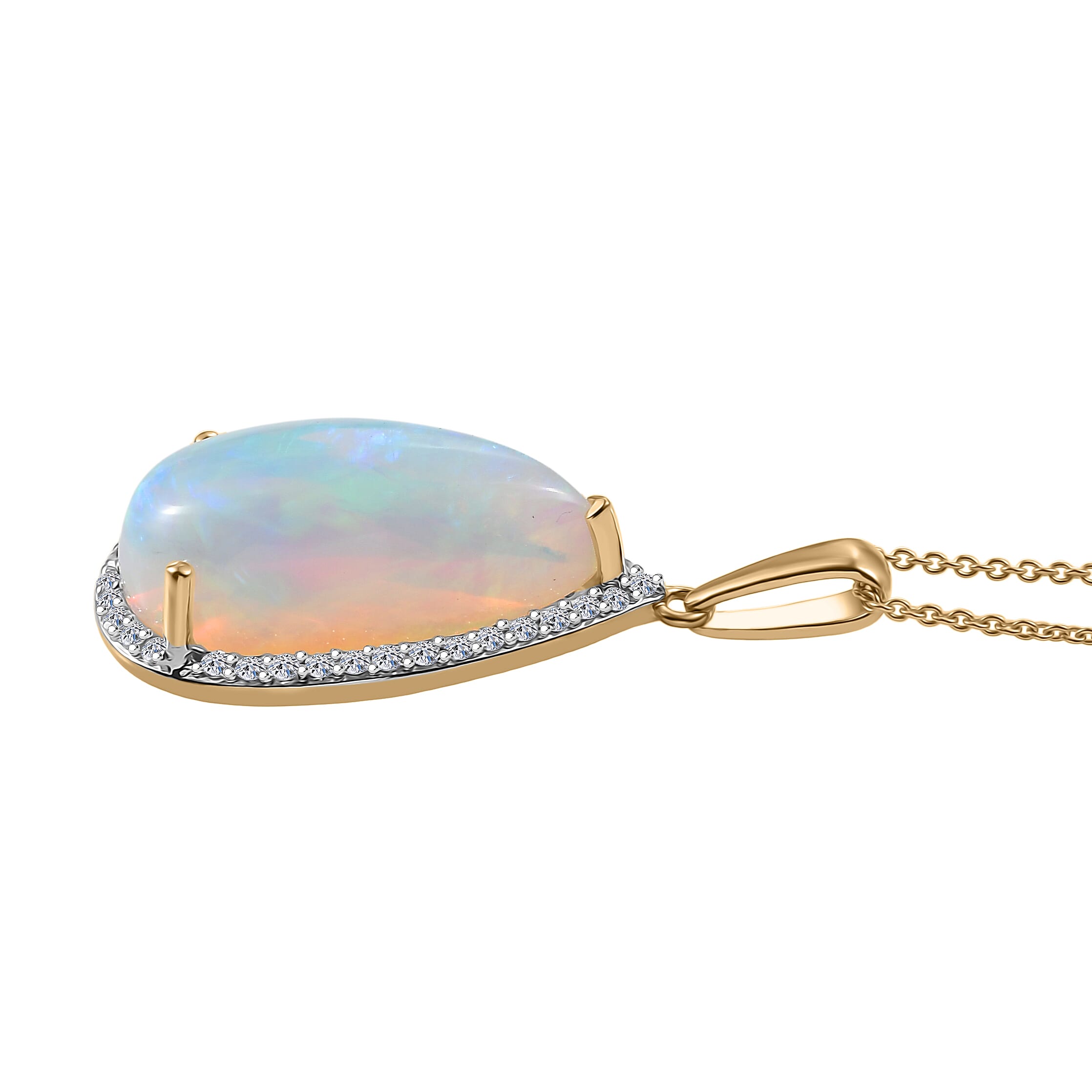 Premium Ethiopian Welo Opal and Luxuriant Lab Grown Diamond G-H SI 7.10 ctw Prism Flame Pendant Necklace in 10K Yellow Gold 20 Inches