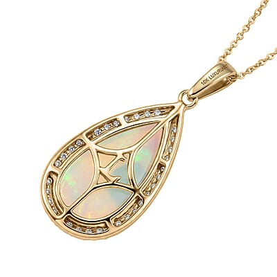 Premium Ethiopian Welo Opal and Luxuriant Lab Grown Diamond G-H SI 7.10 ctw Prism Flame Pendant Necklace in 10K Yellow Gold 20 Inches
