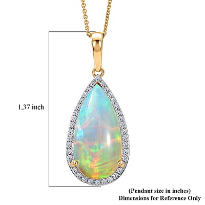 Premium Ethiopian Welo Opal and Luxuriant Lab Grown Diamond G-H SI 7.10 ctw Prism Flame Pendant Necklace in 10K Yellow Gold 20 Inches