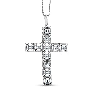 D'Joy Premium Asscher Cut White Topaz 17.30 ctw Cross Eternal Spark Pendant Necklace in Rhodium Over Sterling Silver (20 Inches)