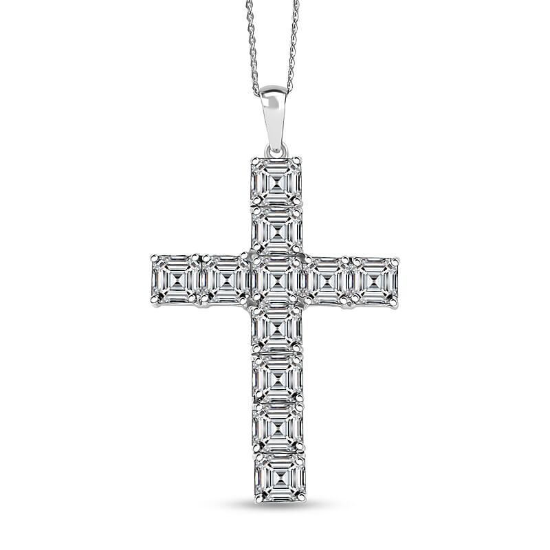 D'Joy Premium Asscher Cut White Topaz 16.00 ctw Cross Eternal Spark Pendant Necklace in Rhodium Over Sterling Silver (20 Inches)