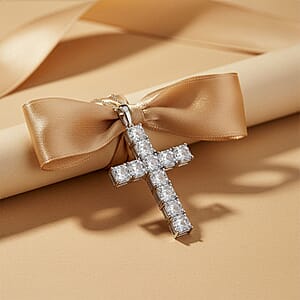 D'Joy Premium Asscher Cut White Topaz 17.30 ctw Cross Eternal Spark Pendant Necklace in Rhodium Over Sterling Silver (20 Inches)