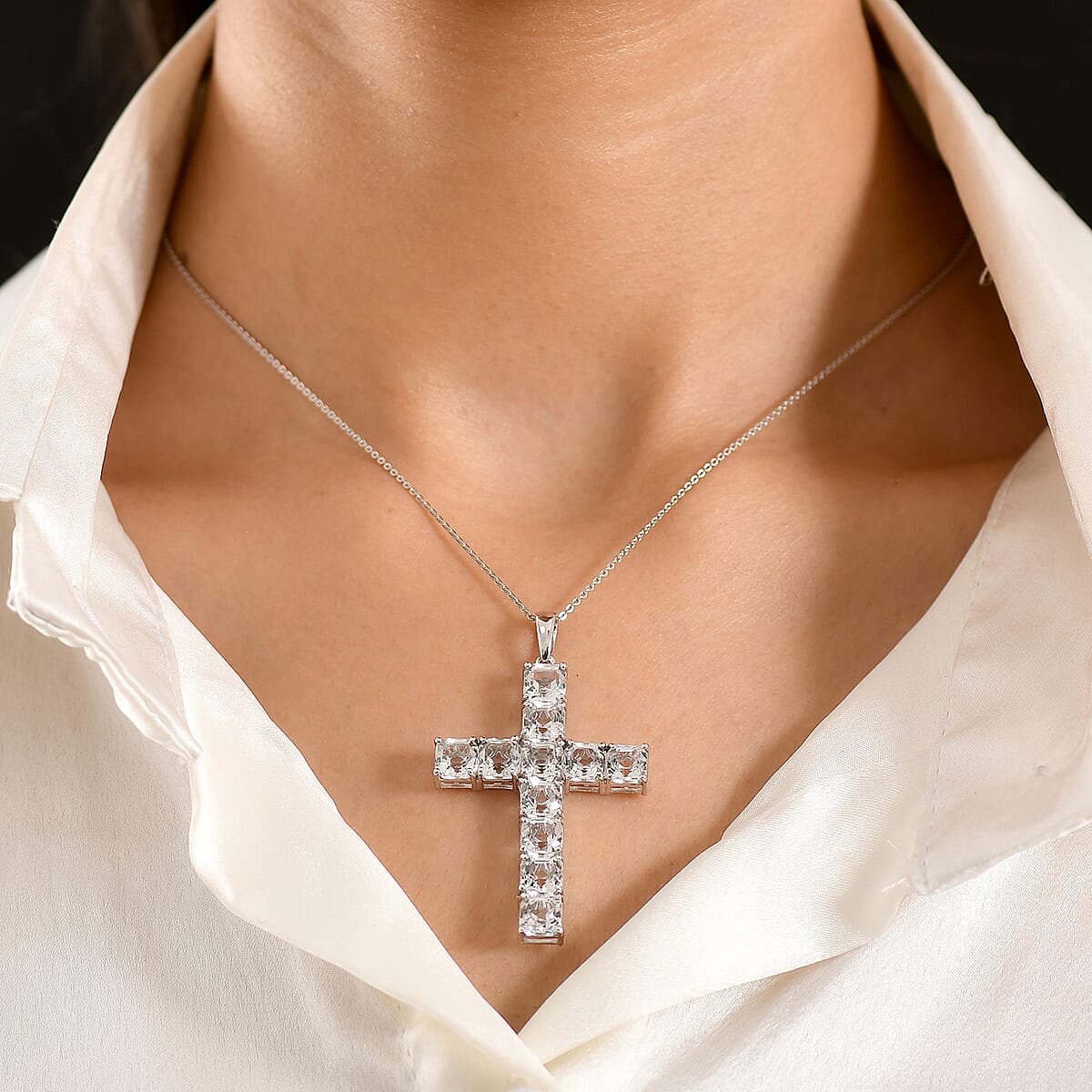 D'Joy Premium Asscher Cut White Topaz 17.30 ctw Cross Eternal Spark Pendant Necklace in Rhodium Over Sterling Silver (20 Inches) image number 2