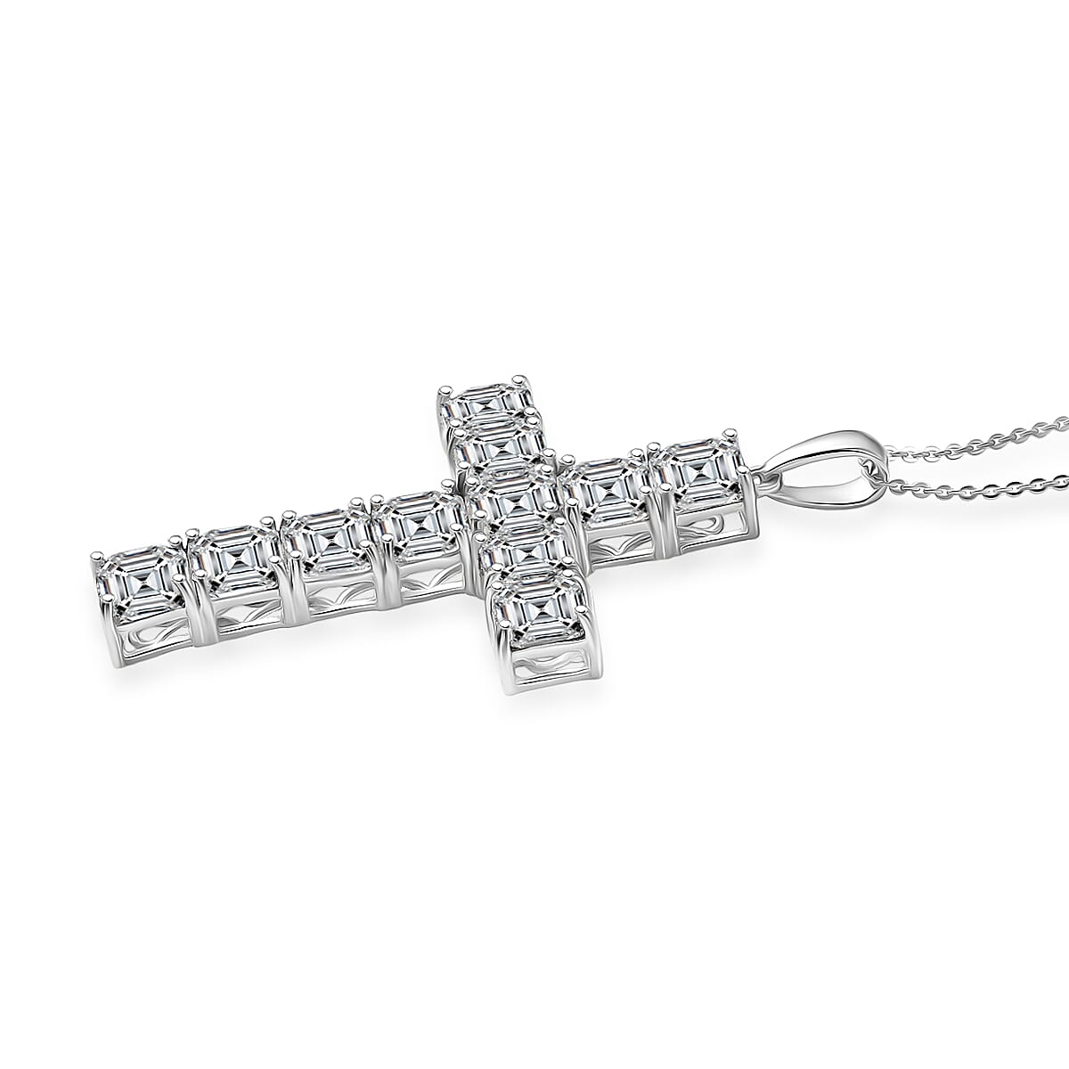 D'Joy Premium Asscher Cut White Topaz 17.30 ctw Cross Eternal Spark Pendant Necklace in Rhodium Over Sterling Silver (20 Inches) image number 3