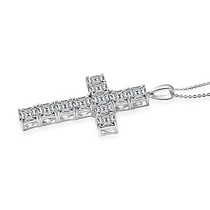 D'Joy Premium Asscher Cut White Topaz 17.30 ctw Cross Eternal Spark Pendant Necklace in Rhodium Over Sterling Silver (20 Inches)