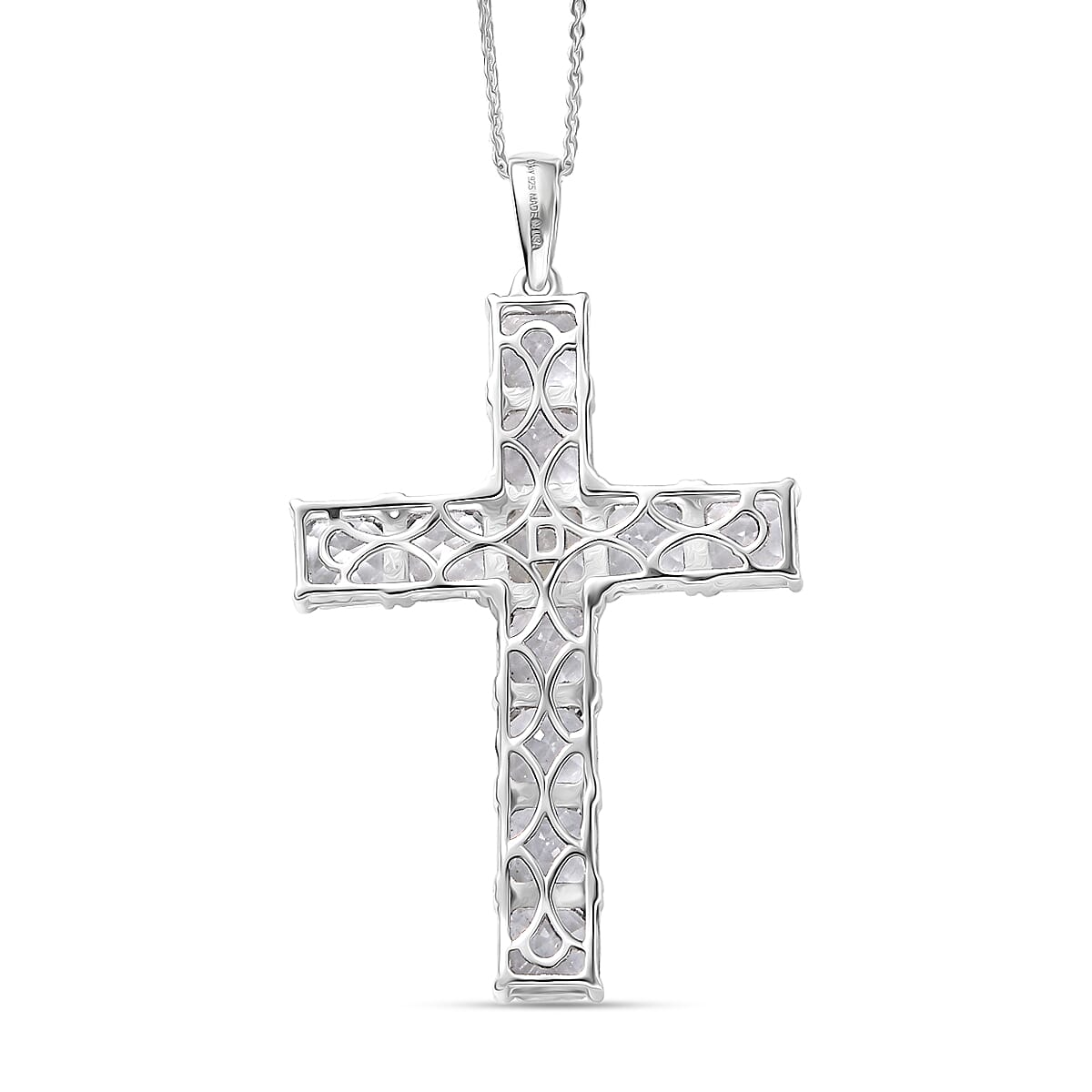 D'Joy Premium Asscher Cut White Topaz 16.00 ctw Cross Eternal Spark Pendant Necklace in Rhodium Over Sterling Silver (20 Inches)