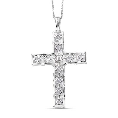 D'Joy Premium Asscher Cut White Topaz 16.00 ctw Cross Eternal Spark Pendant Necklace in Rhodium Over Sterling Silver (20 Inches)