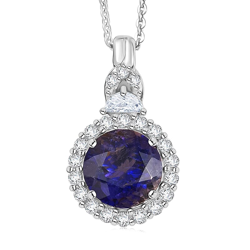 Certified & Appraised D'Joy Premium Catalina Iolite and Moissanite 1.85 ctw Pendant Necklace in Rhodium Over Sterling Silver (20 Inches)