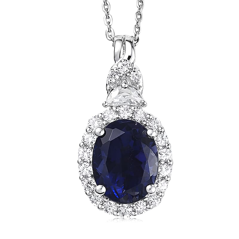 Certified & Appraised D'Joy Premium Catalina Iolite and Moissanite 2.10 ctw Pendant Necklace in Rhodium Over Sterling Silver (20 Inches)
