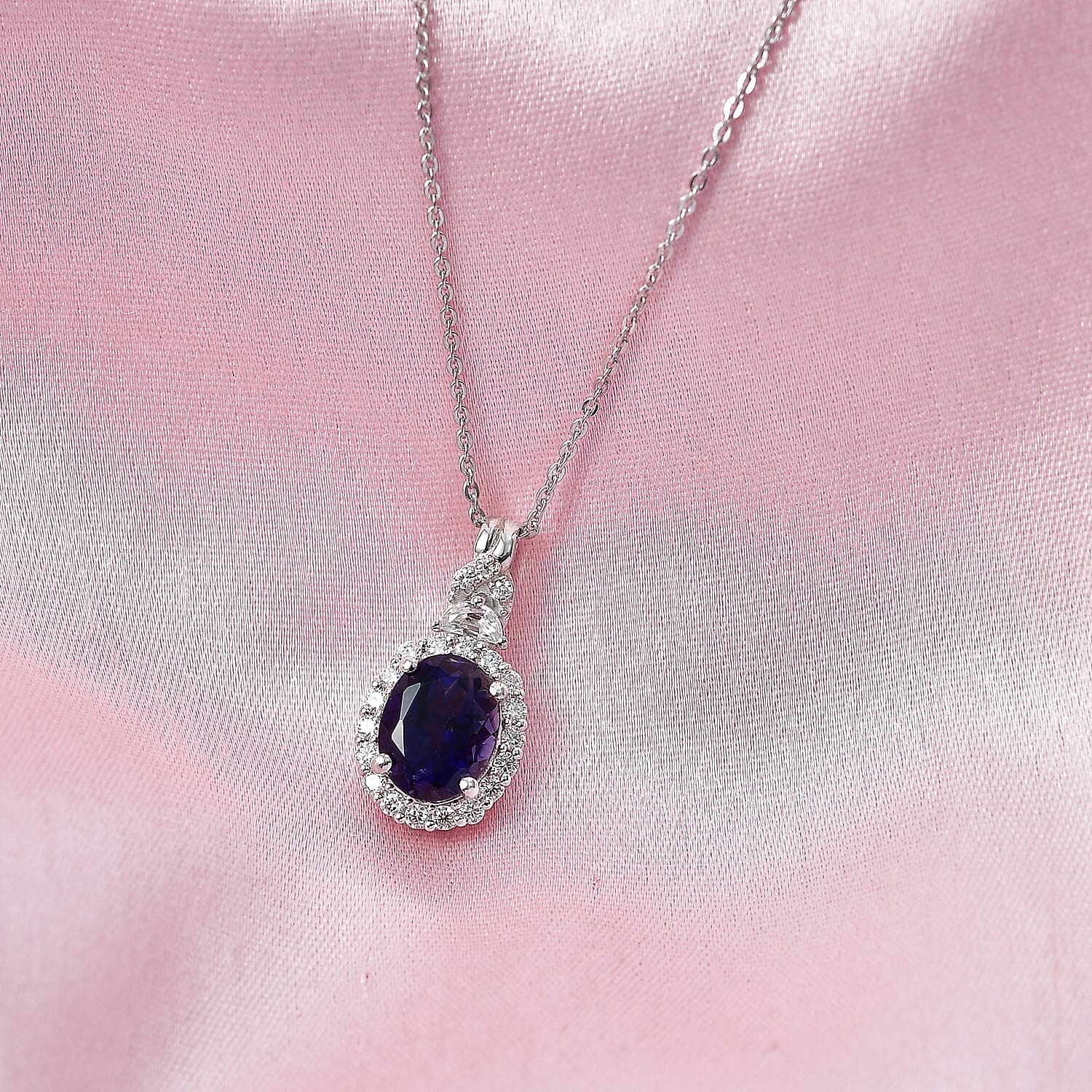 Certified & Appraised D'Joy Premium Catalina Iolite and Moissanite 2.10 ctw Pendant Necklace in Rhodium Over Sterling Silver (20 Inches)