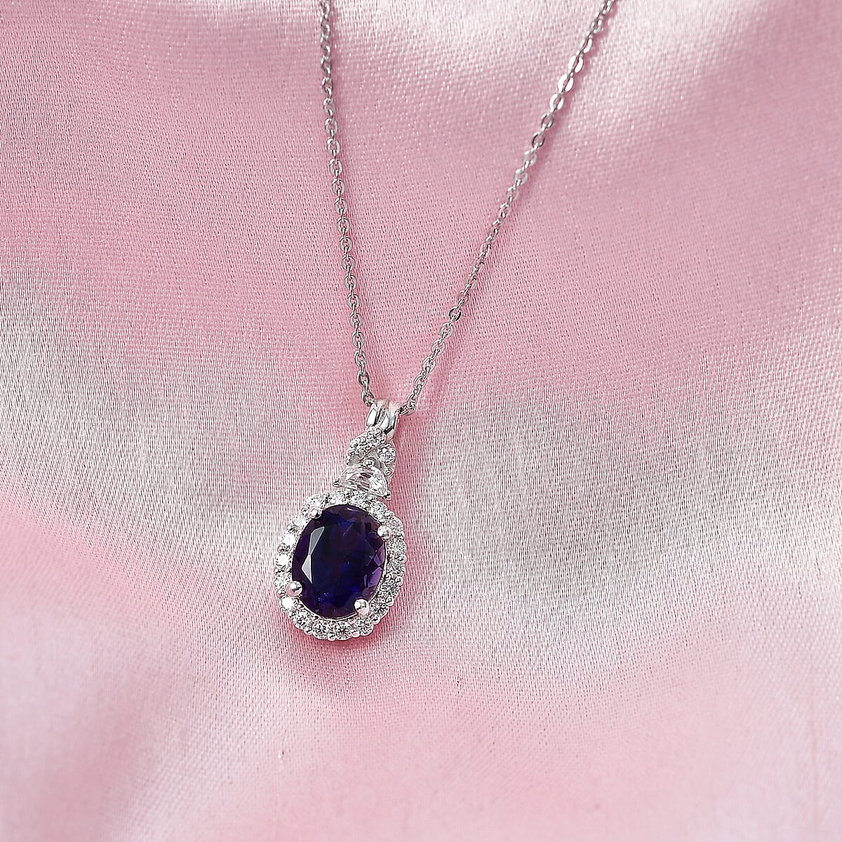 Certified & Appraised D'Joy Premium Catalina Iolite and Moissanite 2.10 ctw Pendant Necklace in Rhodium Over Sterling Silver (20 Inches) image number 1