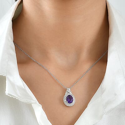 EverTrue African Amethyst and White Zircon 3.00 ctw Pendant in Platinum Bond with Stainless Steel Necklace 20 Inches