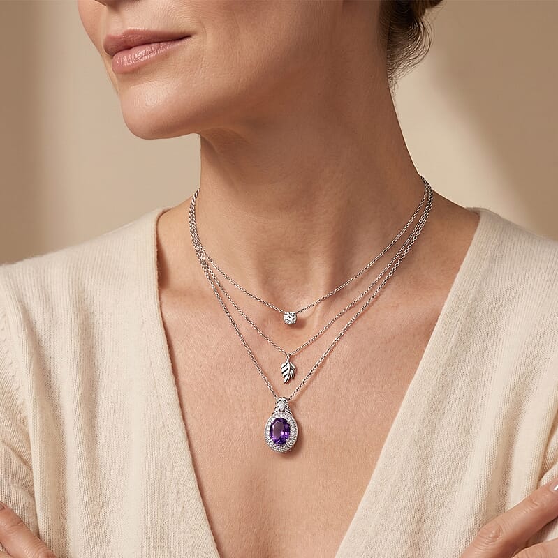 EverTrue African Amethyst and White Zircon 3.00 ctw Pendant in Platinum Bond with Stainless Steel Necklace 20 Inches