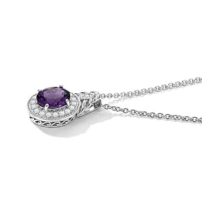 EverTrue African Amethyst and White Zircon 3.00 ctw Pendant in Platinum Bond with Stainless Steel Necklace 20 Inches