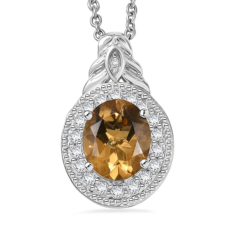 EverTrue Brazilian Citrine and White Zircon 3.10 ctw Pendant in Platinum Bond with Stainless Steel Necklace 20 Inches