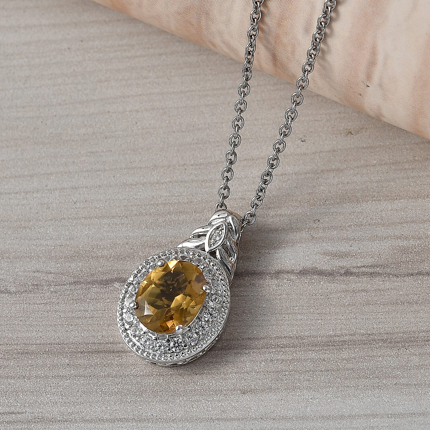 EverTrue Brazilian Citrine and White Zircon 3.10 ctw Pendant in Platinum Bond with Stainless Steel Necklace 20 Inches