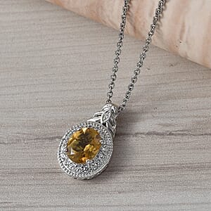 EverTrue Brazilian Citrine and White Zircon 3.10 ctw Pendant in Platinum Bond with Stainless Steel Necklace 20 Inches