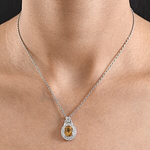 EverTrue Brazilian Citrine and White Zircon 3.10 ctw Pendant in Platinum Bond with Stainless Steel Necklace 20 Inches