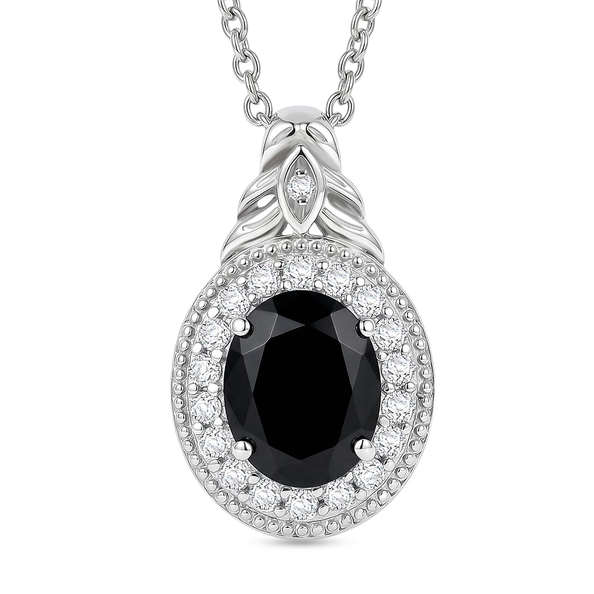EverTrue Thai Black Spinel and White Zircon 4.15 ctw Pendant in Platinum Bond with Stainless Steel Necklace 20 Inches