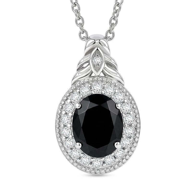 EverTrue Thai Black Spinel and White Zircon 4.15 ctw Pendant in Platinum Bond with Stainless Steel Necklace 20 Inches