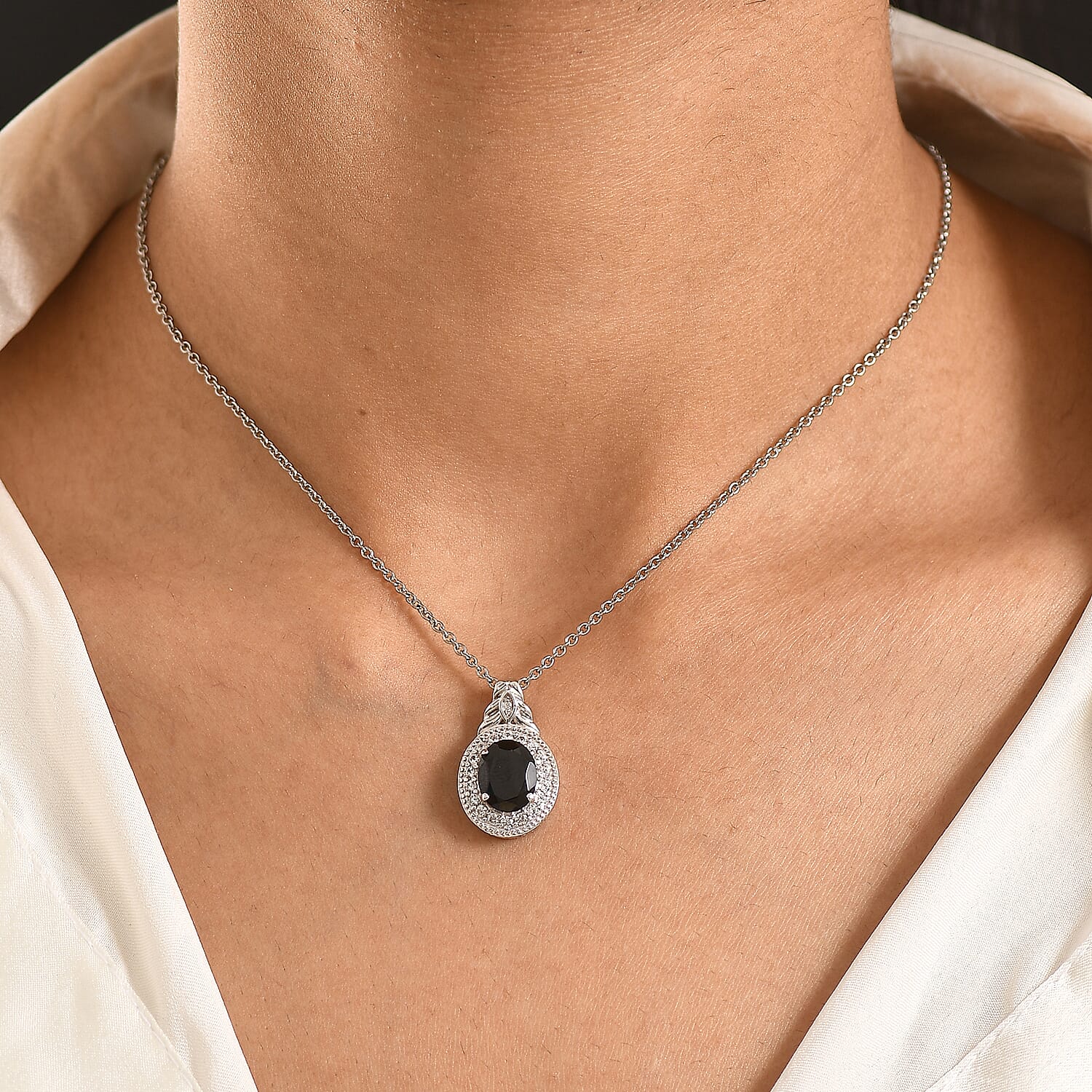 EverTrue Thai Black Spinel and White Zircon 4.15 ctw Pendant in Platinum Bond with Stainless Steel Necklace 20 Inches