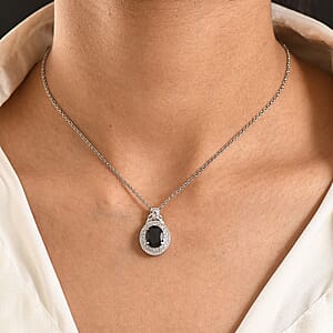 EverTrue Thai Black Spinel and White Zircon 4.15 ctw Pendant in Platinum Bond with Stainless Steel Necklace 20 Inches