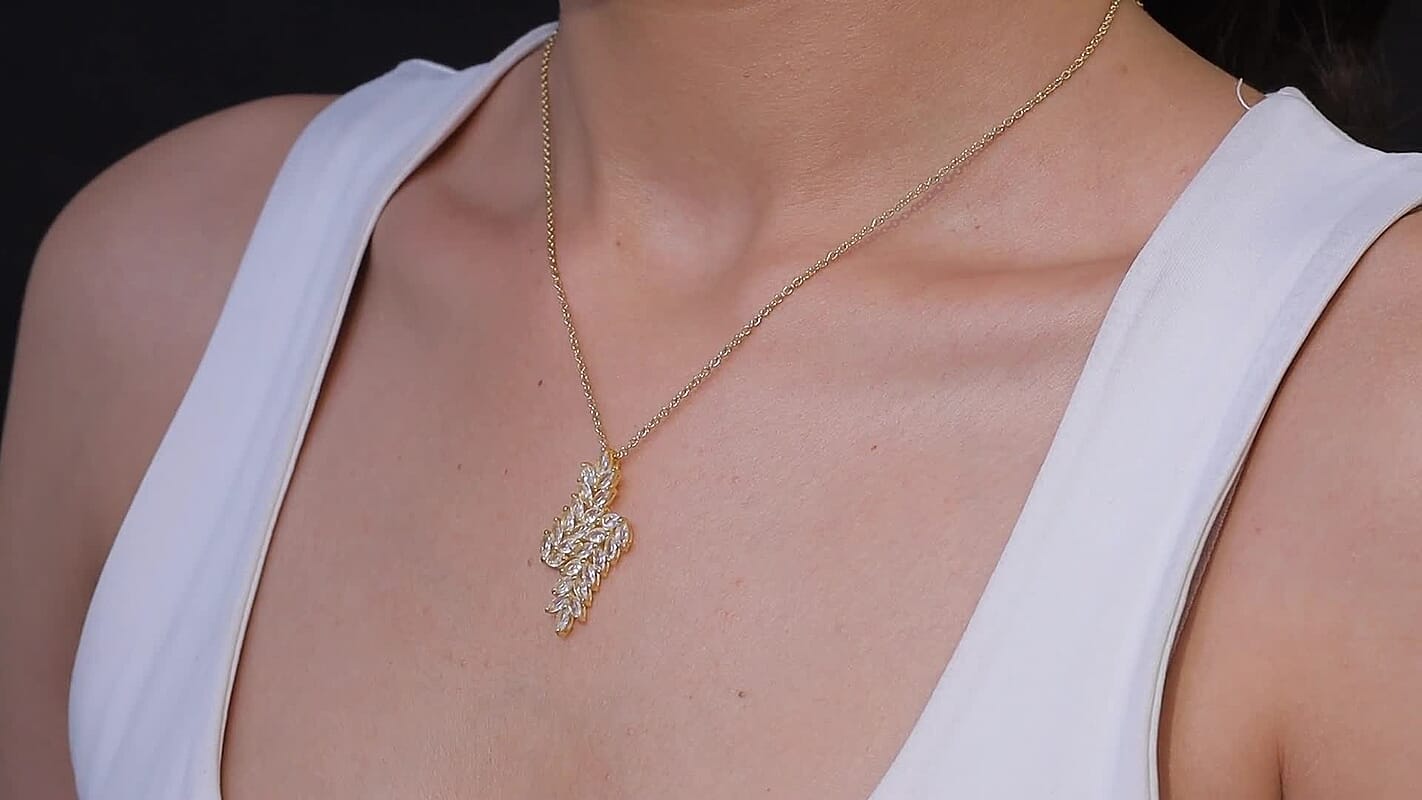 EverTrue Lab Created Sapphire 4.00 ctw Leaf Vine Pendant in 18K YG Plated with ION Plated YG Stainless Steel Necklace (20 Inches)