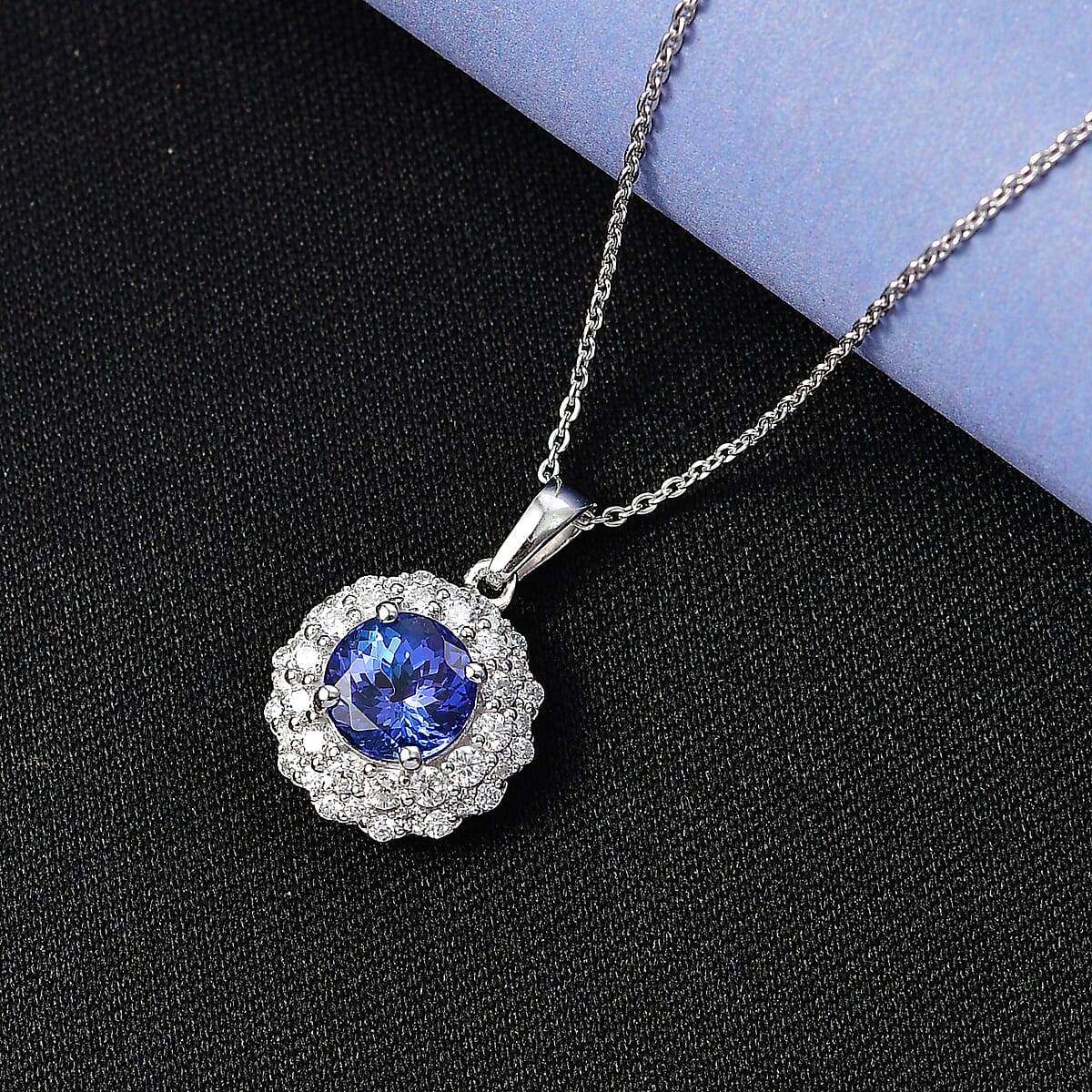Certified & Appraised D'Joy Premium Tanzanite, Moissanite Pendant with Chain (Size 20) in Rhodium Over Sterling Silver 2.20 ctw (Del. in 10 - 15 Days) image number 1