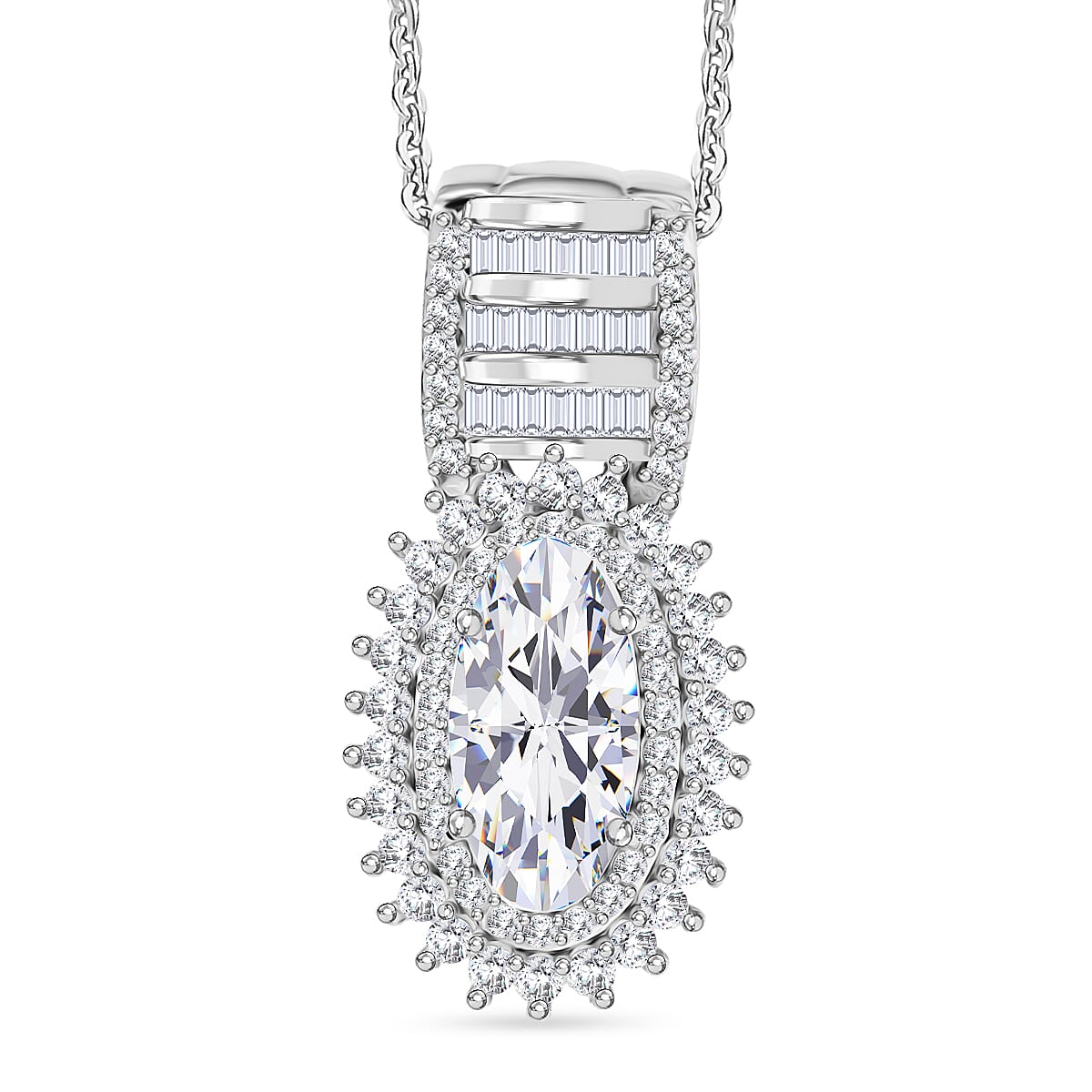 D'Joy Moissanite 3.40 ctw Royal Radiance Pendant Necklace in Rhodium Over Sterling Silver 18 Inches