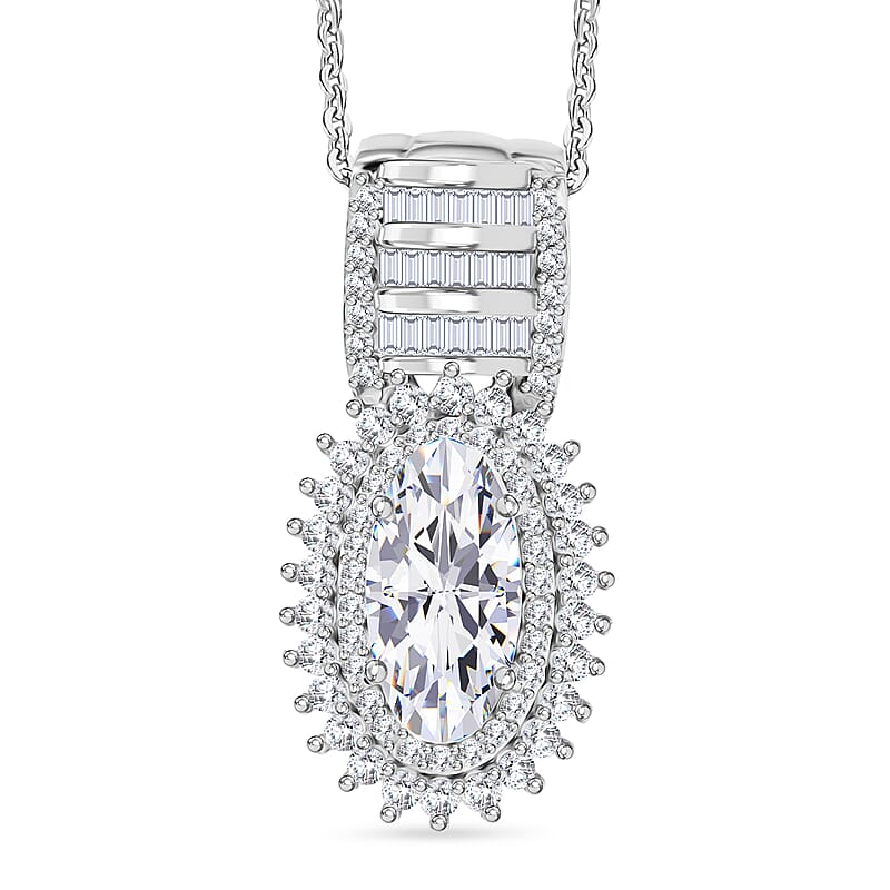 D'Joy Moissanite 3.40 ctw Royal Radiance Pendant Necklace in Rhodium Over Sterling Silver 18 Inches