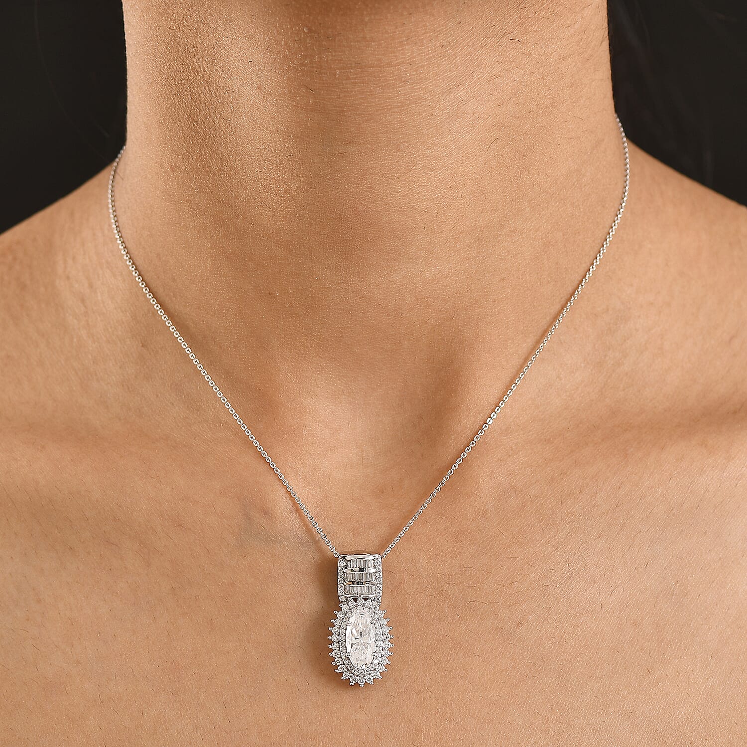 D'Joy Moissanite 3.40 ctw Royal Radiance Pendant Necklace in Rhodium Over Sterling Silver 18 Inches