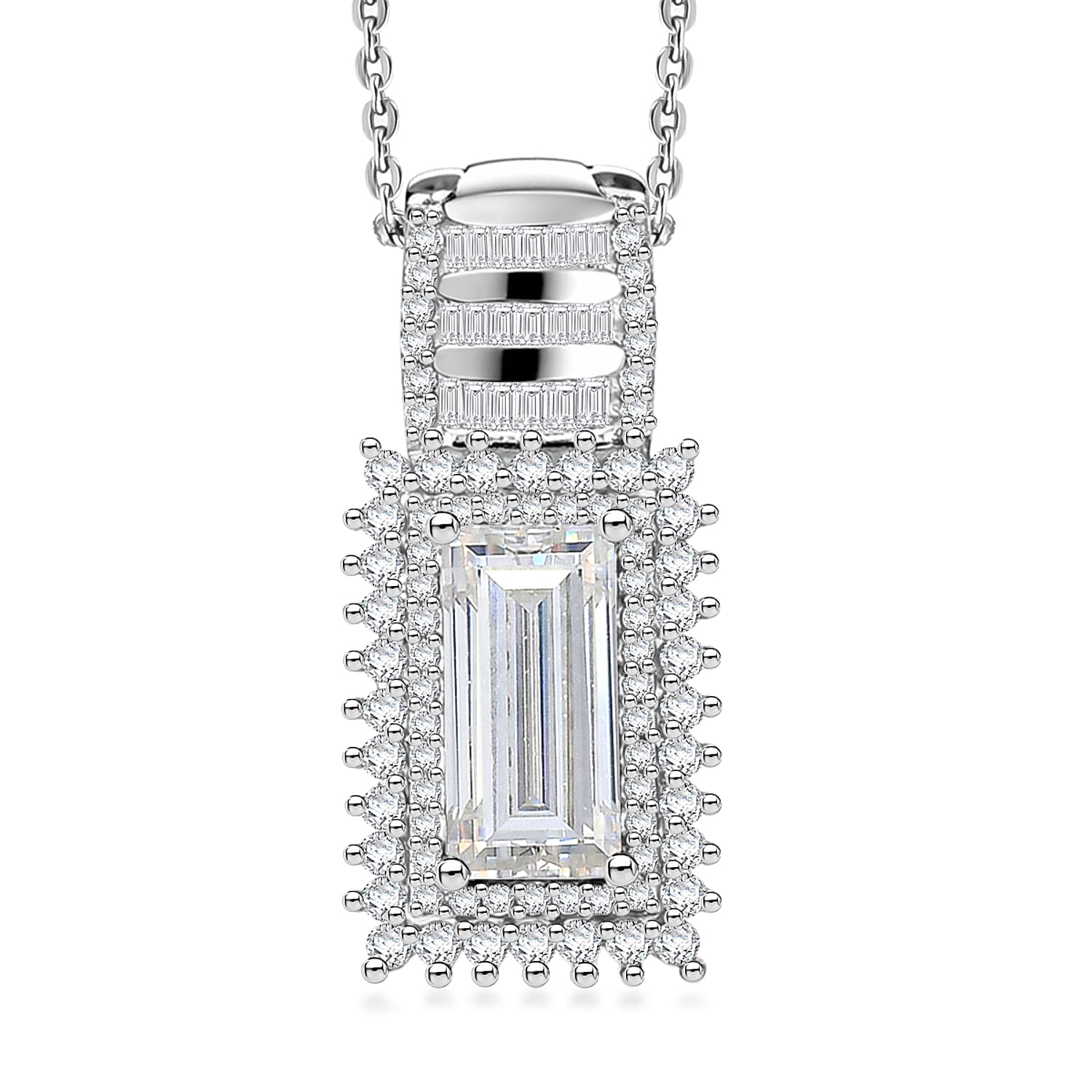 D'Joy Moissanite 4.10 ctw Royal Radiance Pendant Necklace in Rhodium Over Sterling Silver 18 Inches