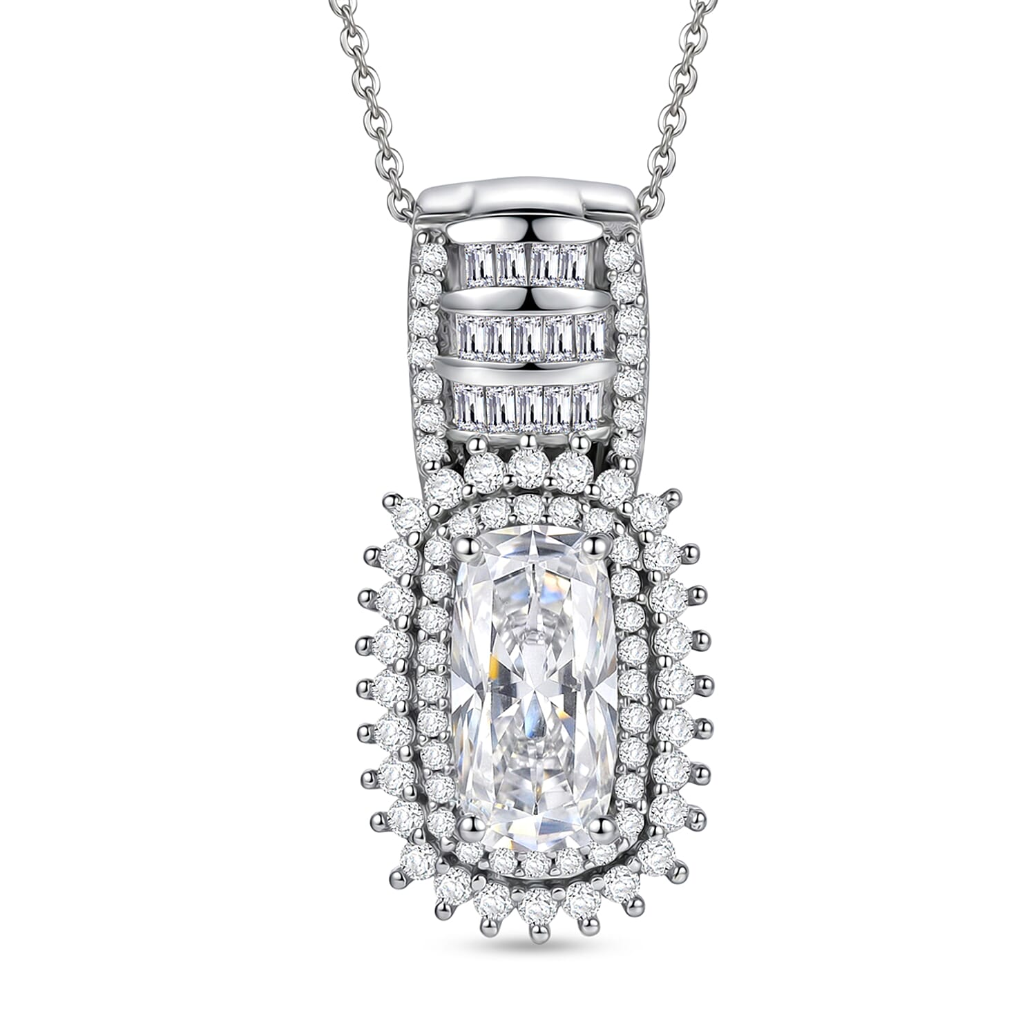 D'Joy Moissanite 3.60 ctw Royal Radiance Pendant Necklace in Rhodium Over Sterling Silver 18 Inches