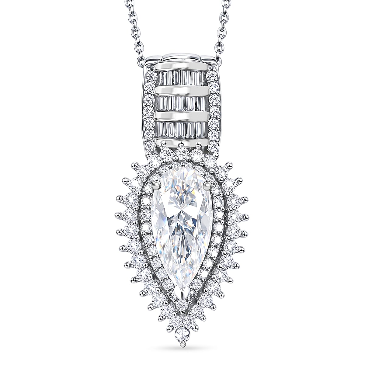 D'Joy Moissanite 3.00 ctw Royal Radiance Pendant Necklace in Rhodium Over Sterling Silver 18 Inches