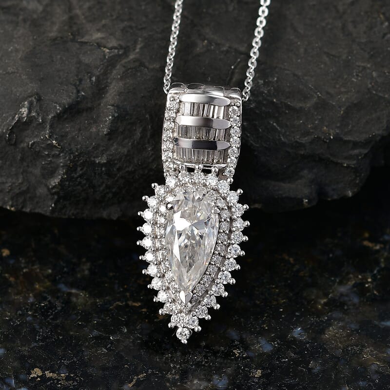 D'Joy Moissanite 3.00 ctw Royal Radiance Pendant Necklace in Rhodium Over Sterling Silver 18 Inches