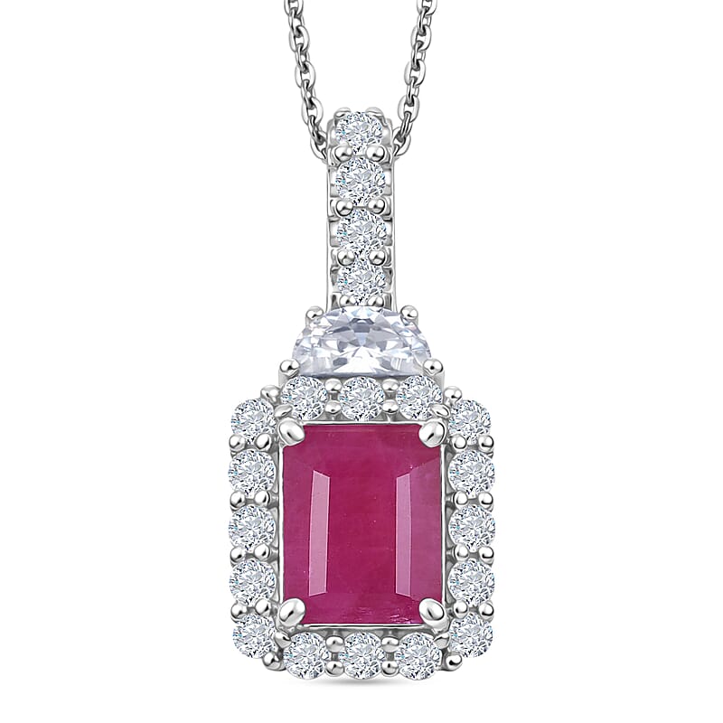 Certified & Appraised D'Joy Royal Ruby and Moissanite 3.10 ctw Pendant Necklace in Rhodium Over Sterling Silver 20 Inches