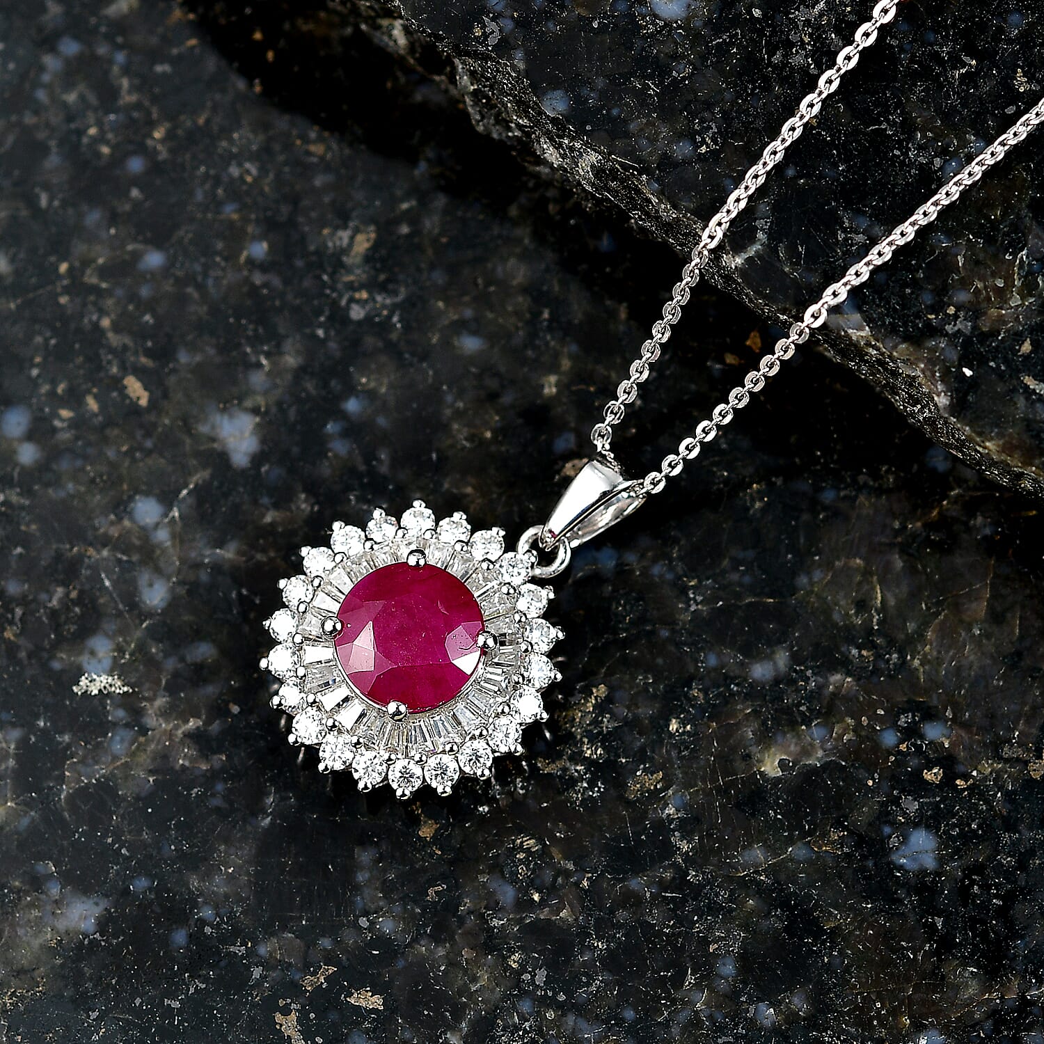Certified & Appraised D'Joy Premium Royal Ruby and Moissanite 3.40 ctw Pendant Necklace in Rhodium Over Sterling Silver 20 Inches